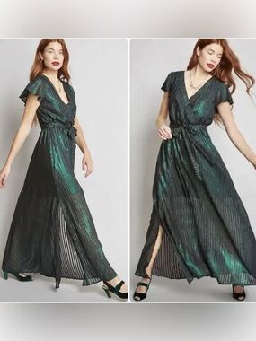 ModCloth Black and Dark Green Striped Wrap-Style Maxi Dress